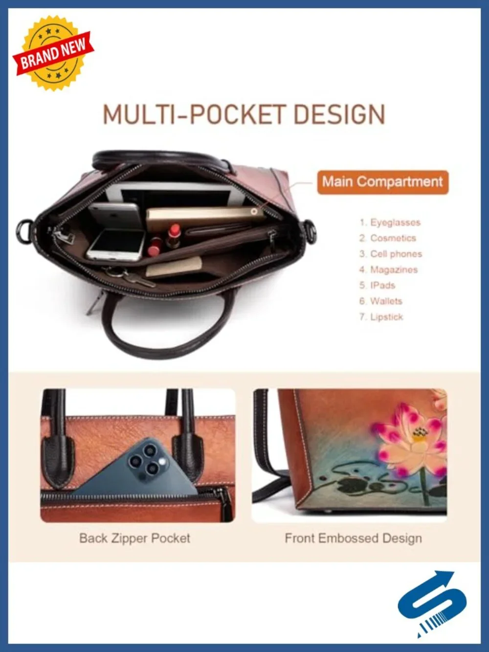Genuine Leather Hand-Embossed Lotus Floral Satchel Bag with Detachable
